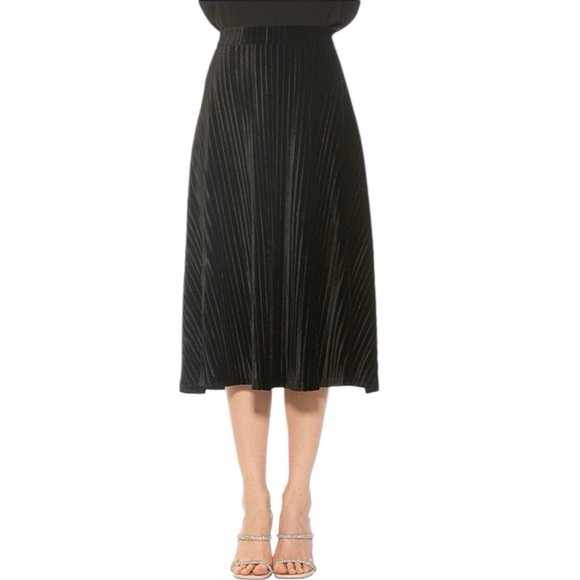 NWT Alexia Admor Black Velvet Pleated Midi Length Skirt Holiday Christmas - Picture 1 of 8